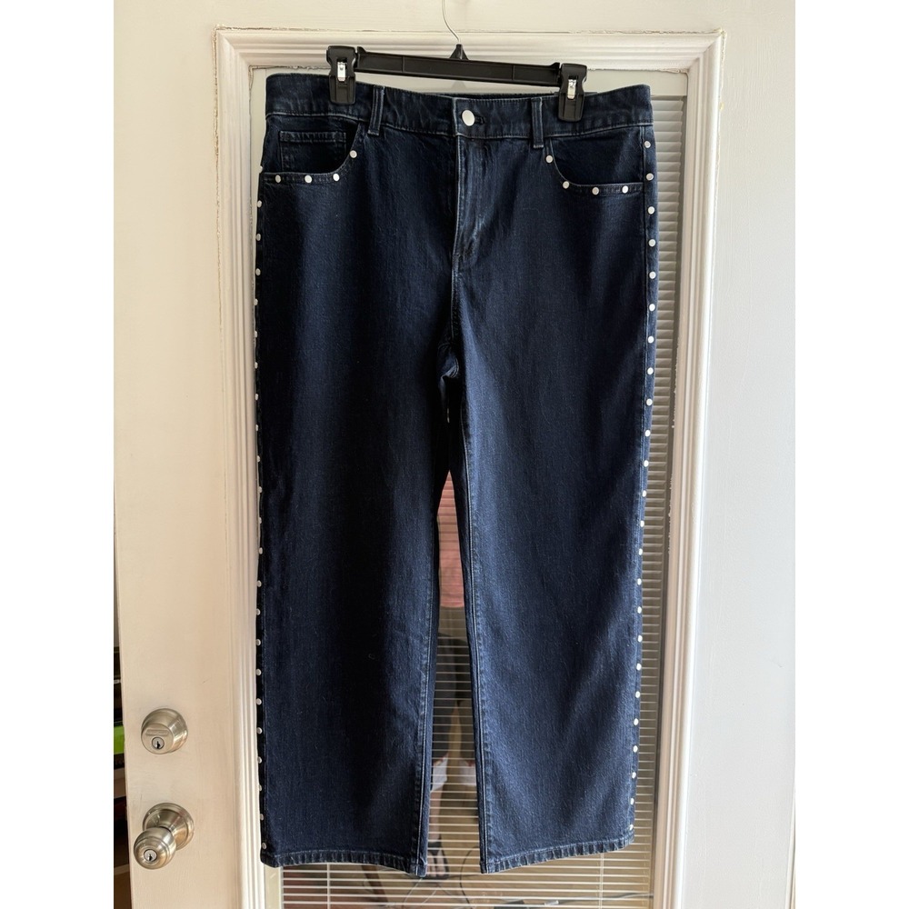 Talbots Jeans Womens 12P Blue Stretch Mid Rise Dark Wash Tailored Stud Design